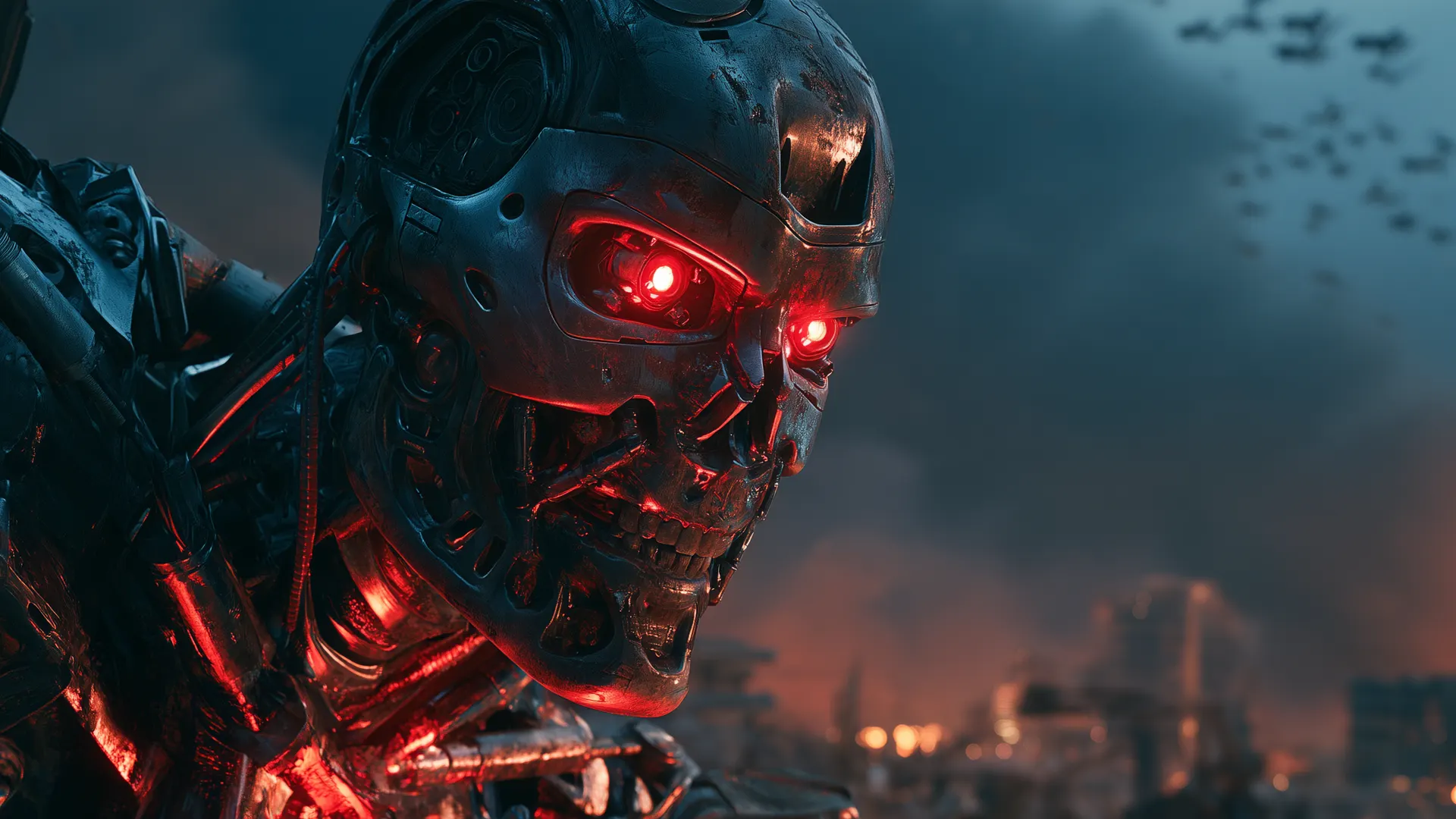 A robot with glowing red eyes in front of a burning city