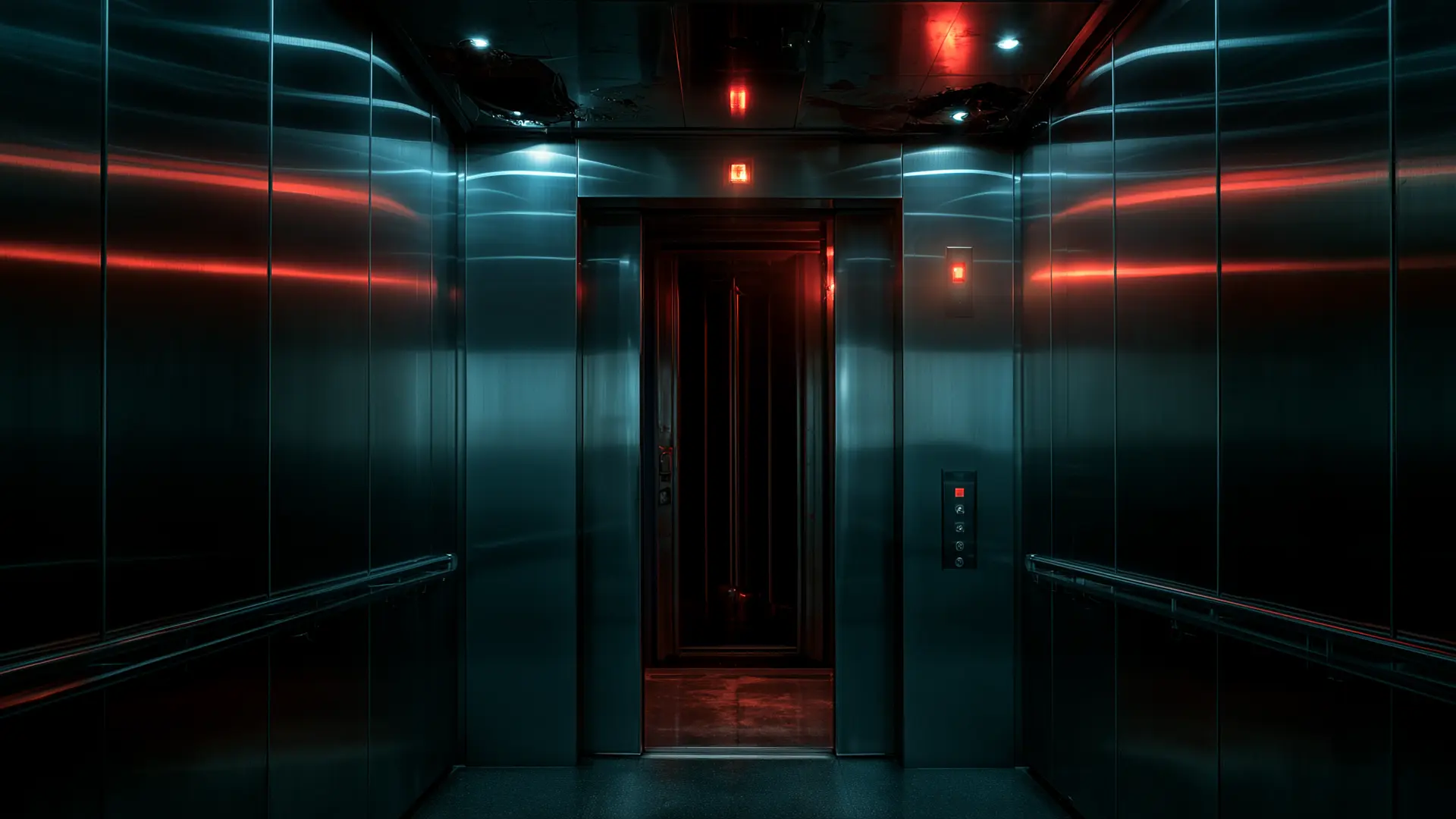 A dark elevator lit by red emergency lights
