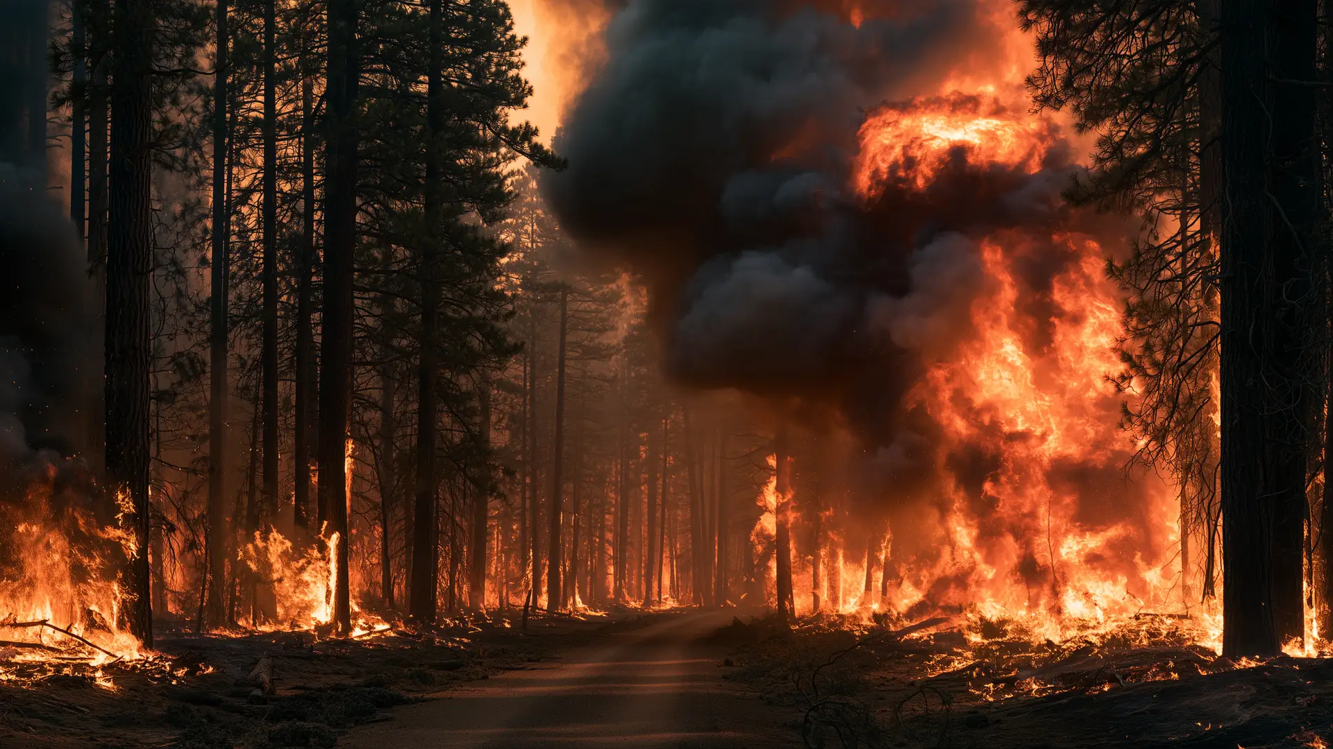 A forest road with the trees on both sides on fire