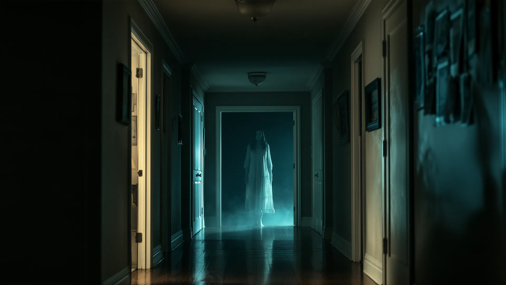 A ghostly woman in a white dress standing at the end of a dark hallway