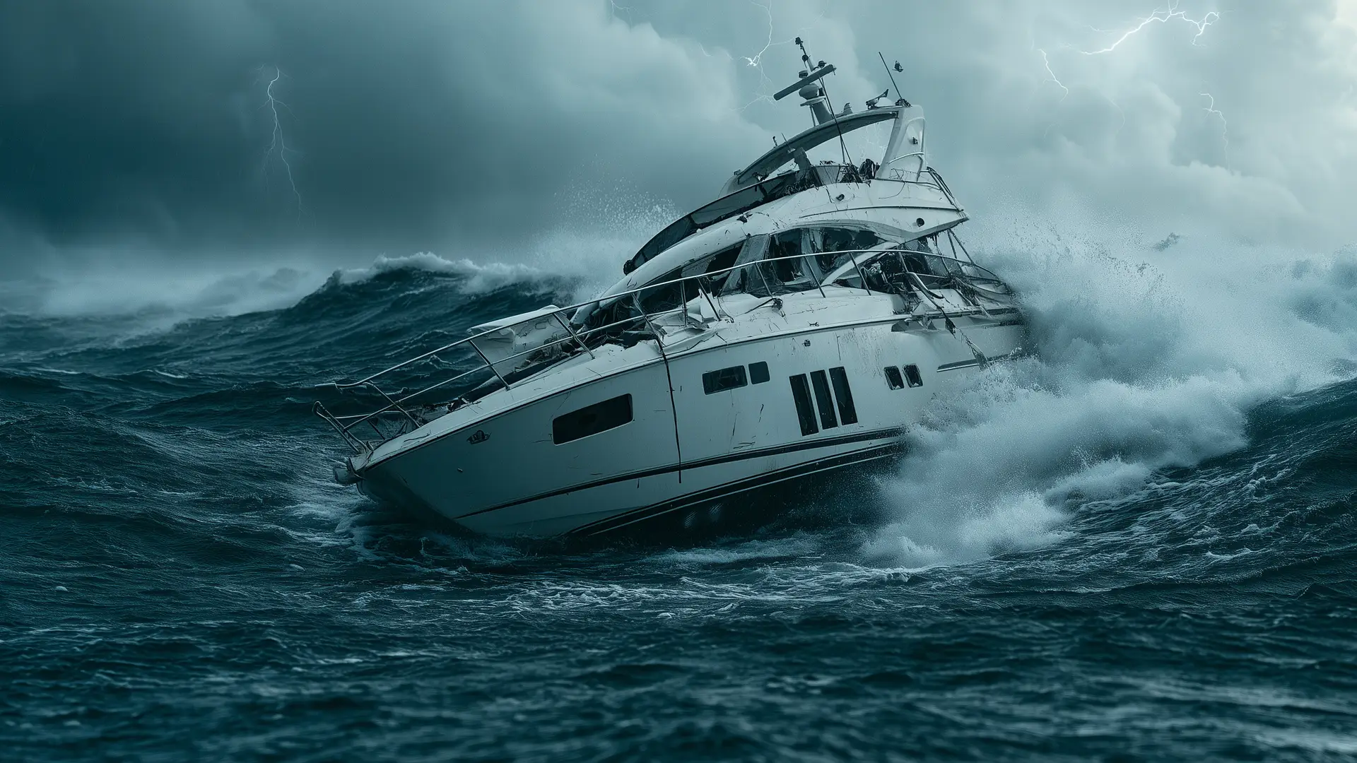 A yacht tilting over in huge waves during a storm