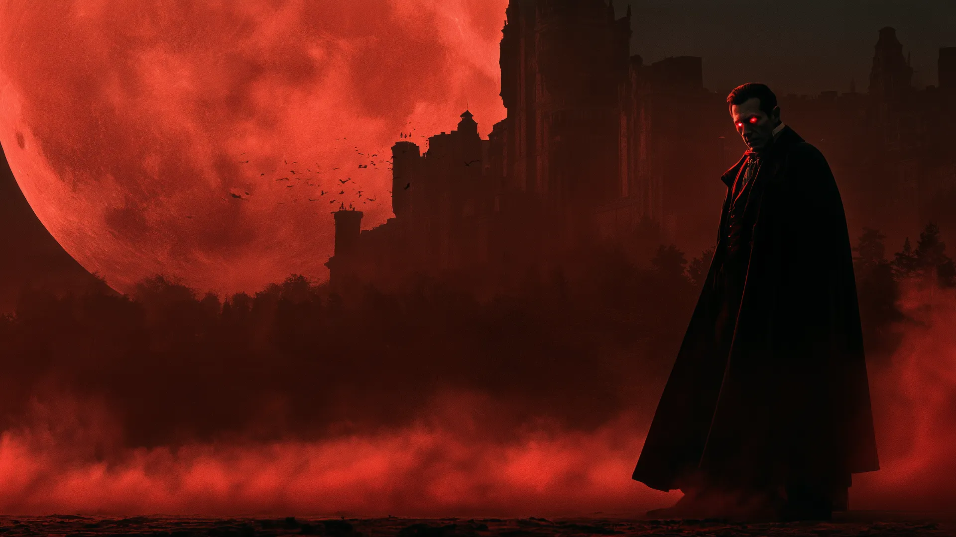 A vampire with glowing red eyes in front of a castle and a blood red moon